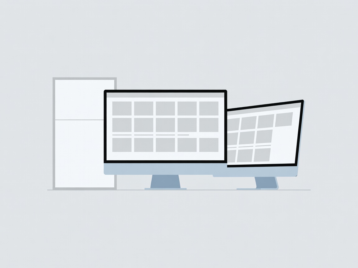 Flat vector workspace showing a centered main display, inward-angled secondary display and a window beside the desk