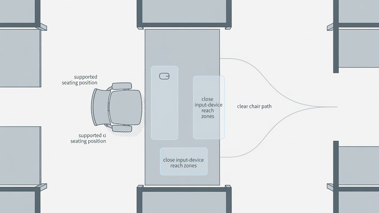 Overhead vector desk plan with close input-device reach zones, a supported seating position and a clear chair path