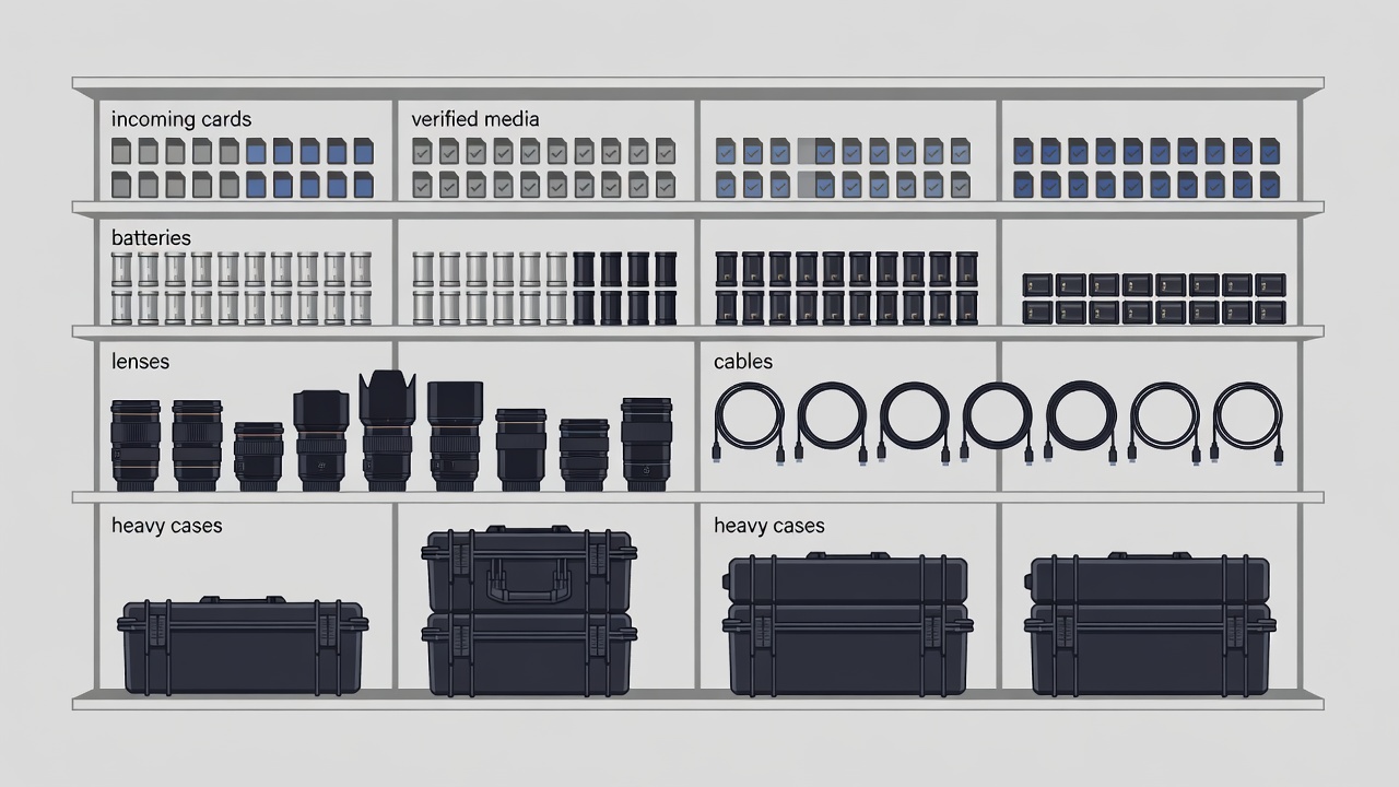 Flat vector equipment shelves labelled for incoming cards, verified media, batteries, lenses, cables and heavy cases