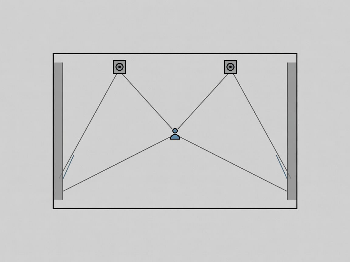 Overhead vector room diagram with matched speaker positions, a centered listener and labelled first-reflection paths